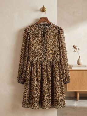 Leopard Print sheer Long Sleeve Smock mini Dress - Brown